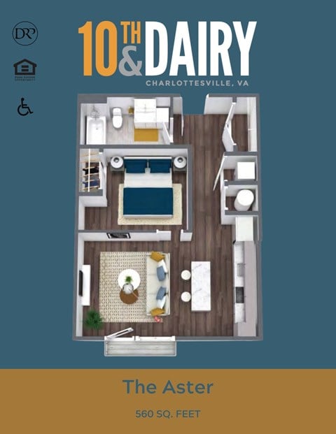 Floor plan for 1 bed, 1 bath, 560 sqft